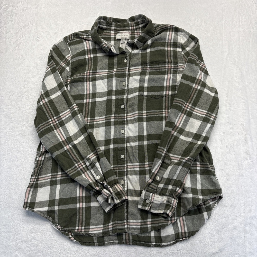 Lucky Brand Shirt Womens XL Green/Pink Plaid Flannel Long Sleeve Button Up